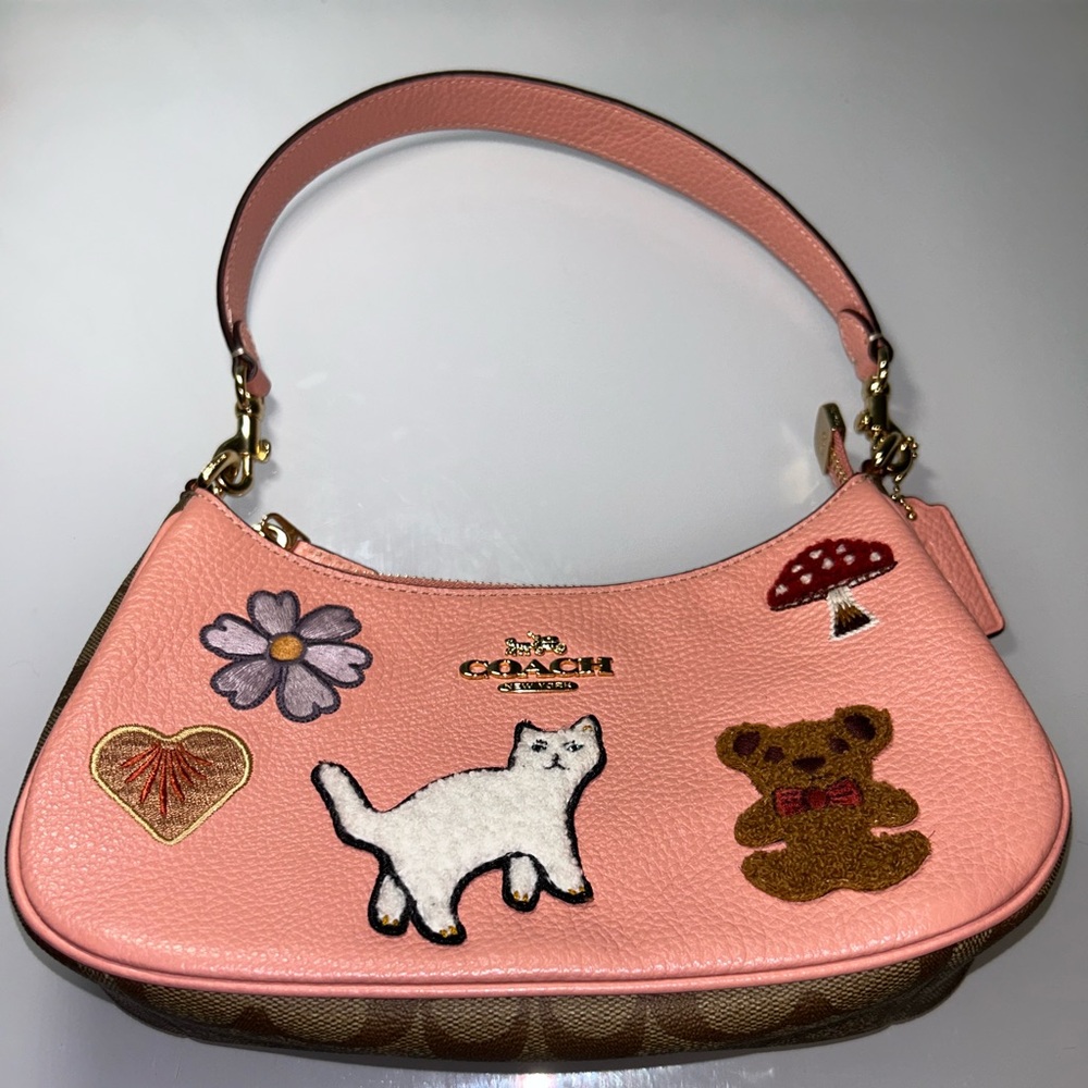 Coach Pink Leather Appliqué Shoulder Bag with Brown Signature Base